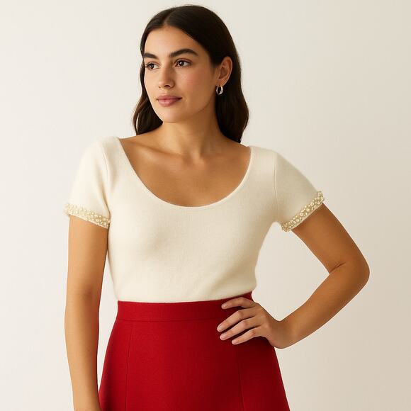 Worth SZ S VTG Angora Short Sleeve Cream Sweater With Pearl Shoulder Accents - Picture 1 of 8